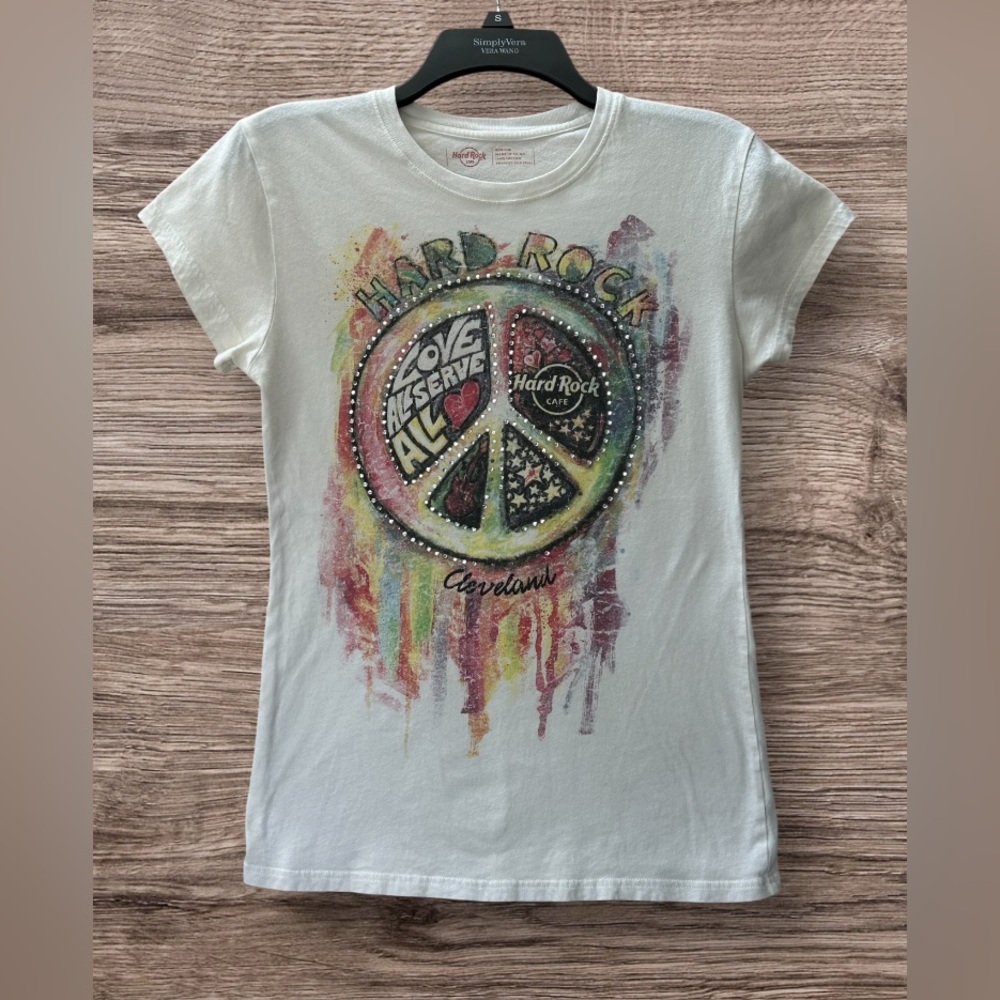 Hard Rock Cafe Cleveland Y2K Graphic Rhinestone Splatter Shirt Logo Size M - Picture 2 of 7
